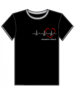 T-Shirt noir avec un coeur et son battement, "Awaken Heart",de l'association Fatherheart France.