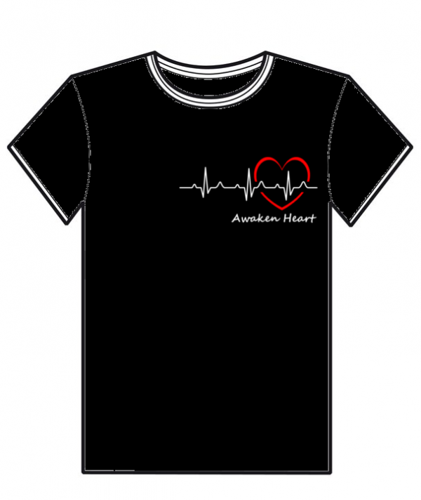 T-Shirt noir avec un coeur et son battement, "Awaken Heart",de l'association Fatherheart France.